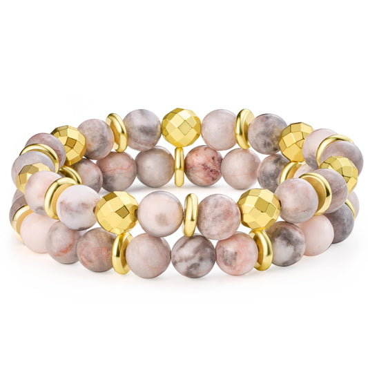 Bivei Natural Gemstone Semi Precious Crystals Handmade Stretchy Round Beads Bracelet, Enhance Positive Energy,Stocking Stuffers for Women(Gold Tone Pink Jasper & Sakura Agate(Love) Medium)