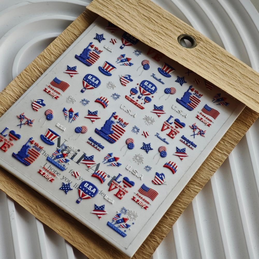 Independence Day Nail Stickers Star Self-Adhesive Balloon 5D Embossed Statue of Liberty Summer Nail Decals 4th of July Nail Designs Firework Nails Art Decoration for Women Manicure 1 Sheet
