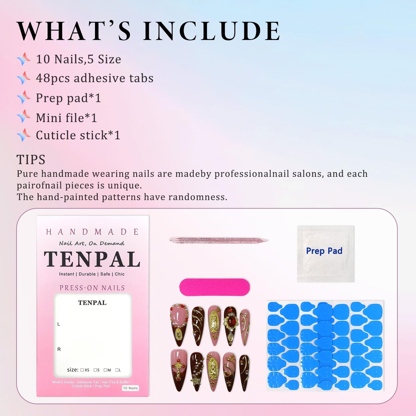 TENPAL Handmade Press on Nails Long Stiletto - Nude Pink Wine Cross Design Fake Nails with 3D Religious Charm | Acrylic Glossy Icy False Nails with Tools | Chapelcore Y2K Nails(M)
