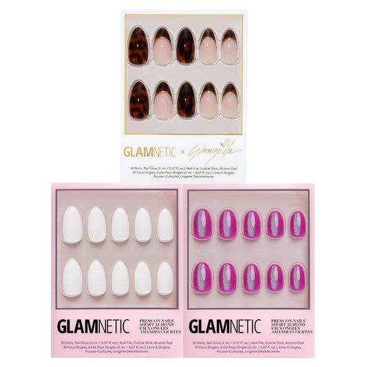 Glamnetic x GLAMZILLA Press-On Nails Bundle - KILLAZILLA, Angel & Berry Fizz | Almond French Tip Fake Nails with Tortoiseshell Print | Opaque White Almond Nails | Short Oval Magenta Nails