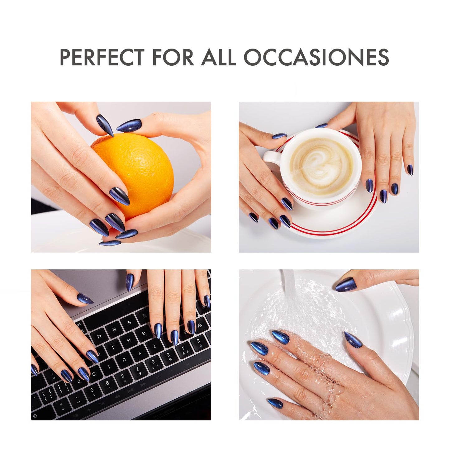 VSALON Press on Nails Short Almond - Blue Cat Eye Chrome Glue On Nails Kit for Women, Reusable Opaque Gel Stick on Nails with Glue & Cuticle Oil - 32 PCS Fake Nails in 16 Sizes (Midnight Tide)
