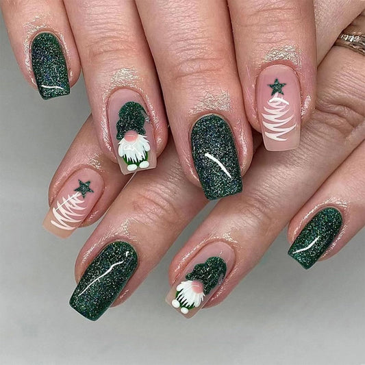 24Pcs Christmas Green Press on Nails Acrylic Full Cover Medium Square Fake with Santa Claus Dwarf Design Glossy False Nails Cute Glue on Stick on Nails for Women