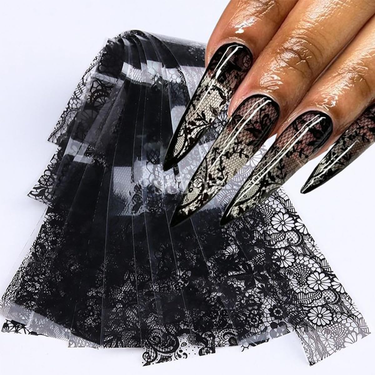 Black White Lace Nail Art Foils Transfer Stickers 10 Rolls Y2K Lace Flower Nail Foil Adhesive Decals Designer Nail Art Supplies Starry Sky Paper Manicure Accessories for Women Acrylic Nails Decoration