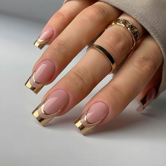 24Pcs Gold French Tip Press on Nails Medium Square Fake Nails with Gilding Line Design Nude Pink Full Cover Artificial Glue on Nails Glossy False Nails Reusable Exquisite Stick on Nail for Women DIY