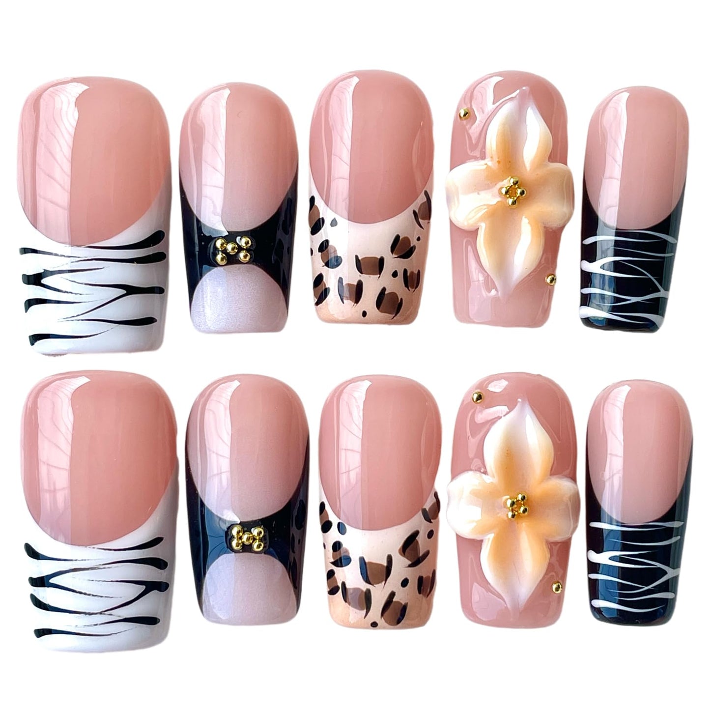 Handmade Press On Nails 3D Floral & Animal Print Medium/Short Square Leopard/Zebra/Yellow Floral Thick Reusable Acrylic False Nails (Prairie, M)