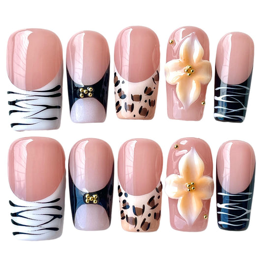 Handmade Press On Nails 3D Floral & Animal Print Medium/Short Square Leopard/Zebra/Yellow Floral Thick Reusable Acrylic False Nails (Prairie, M)
