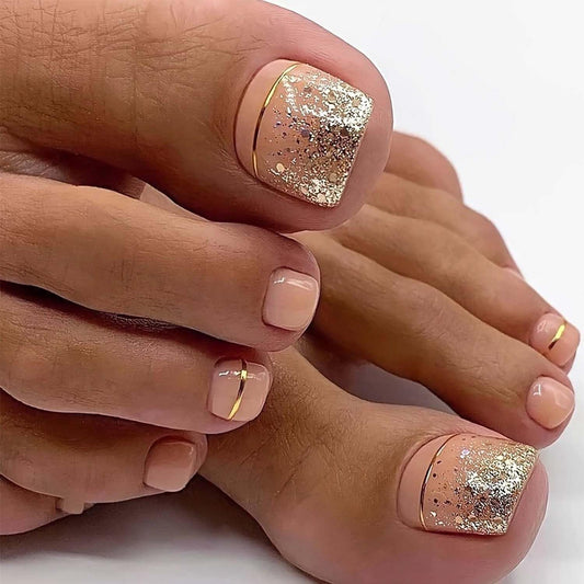 Short Press On Toenails Square Fake Toenails Gold Line With Glitter Design Full Cover Glue On Toenail Summer Acrylic False Toe Nails Artificial Stick On Toenail For Women Holiday Manicure 24pcs