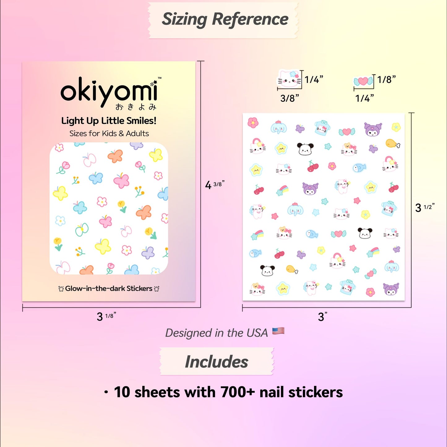 10 Sheets of 3D Nail Stickers - 719 Cute Nail Decals - Embossed Nail Stickers for Kids | Kawaii Theme - Butterfly, Flowers, Cats, Bunny, Stars, Fruits | Glow in The Dark