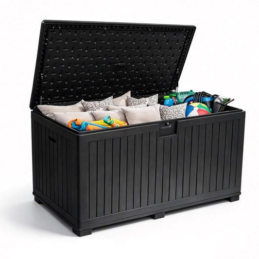 FammyLoft 320 Gallon Deck Box with 6 Waterproof Foot Pads, Resin Storage Box Weatherproof, Plastic Cushion Container with Lock and Lids for Pool Equipment, Black