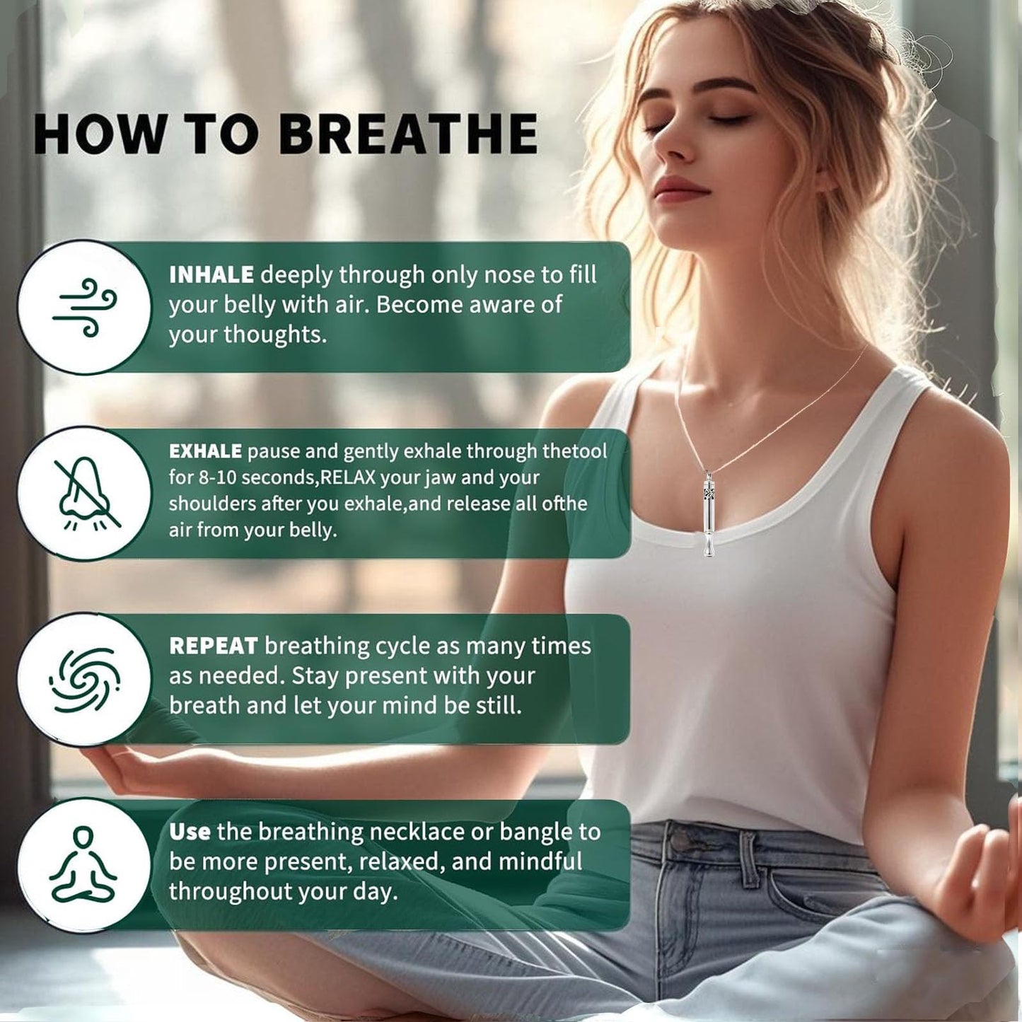 phaxud Stainless Steel Mindfulness Breathing Necklace & Essential Oil Diffuser for Women Men 2-in-1 Breathe Free Necklace Tool for Inner Balance, Relaxation and Meditation (Black)