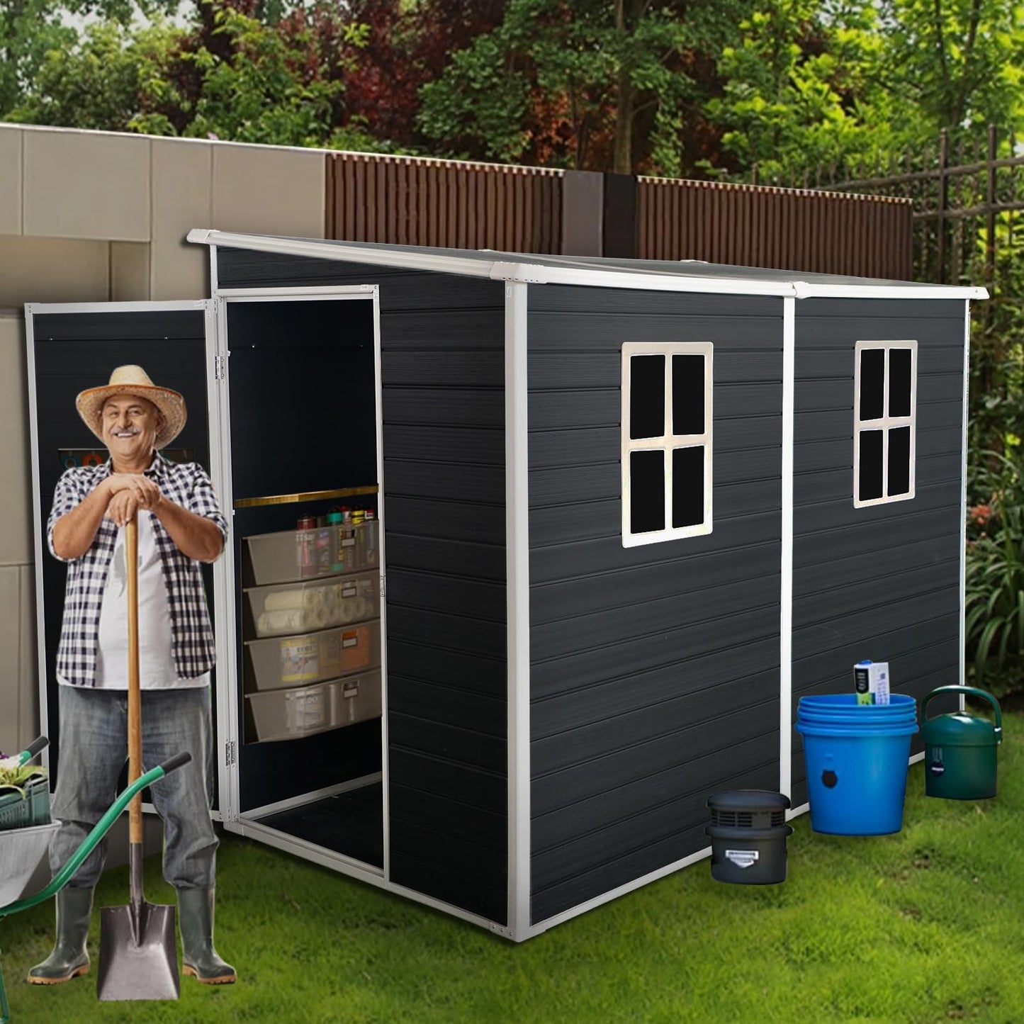 KEIKI 8x4FT Outdoor Resin Garden Shed with Floor and 2 Windows, Waterproof Plastic Tool Storage with Lockable Door for Garden Tools, Bicycles, Trash Cans, Black