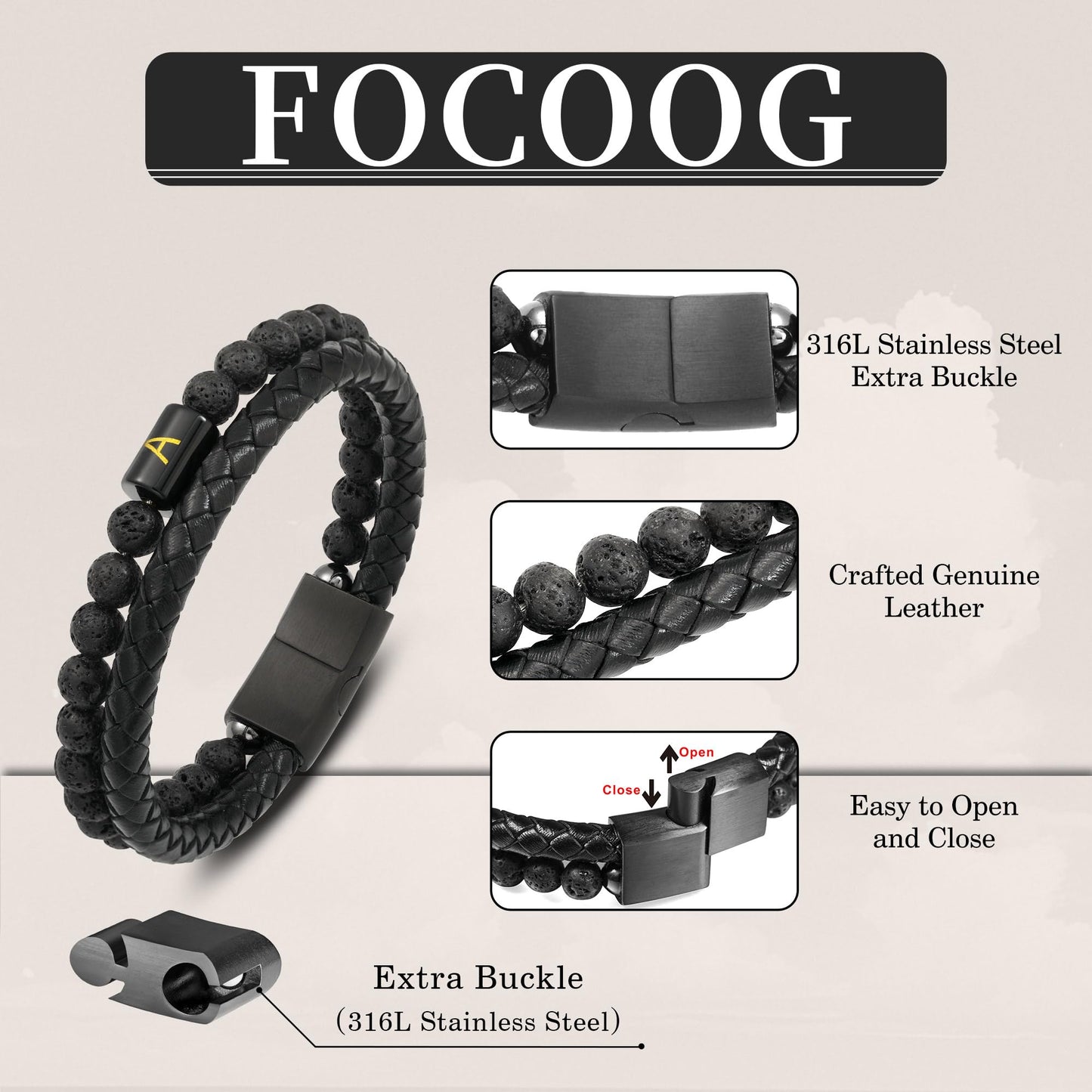 Bracelets for Men - Men Gifts Lava Rock Bead Magnetic Clasp Black Mens Leather Bracelet with Initial Black Mens Leather Bracelets Initial H Bracelet for Men's Jewelry Men's Gifts for Dad Husband Him