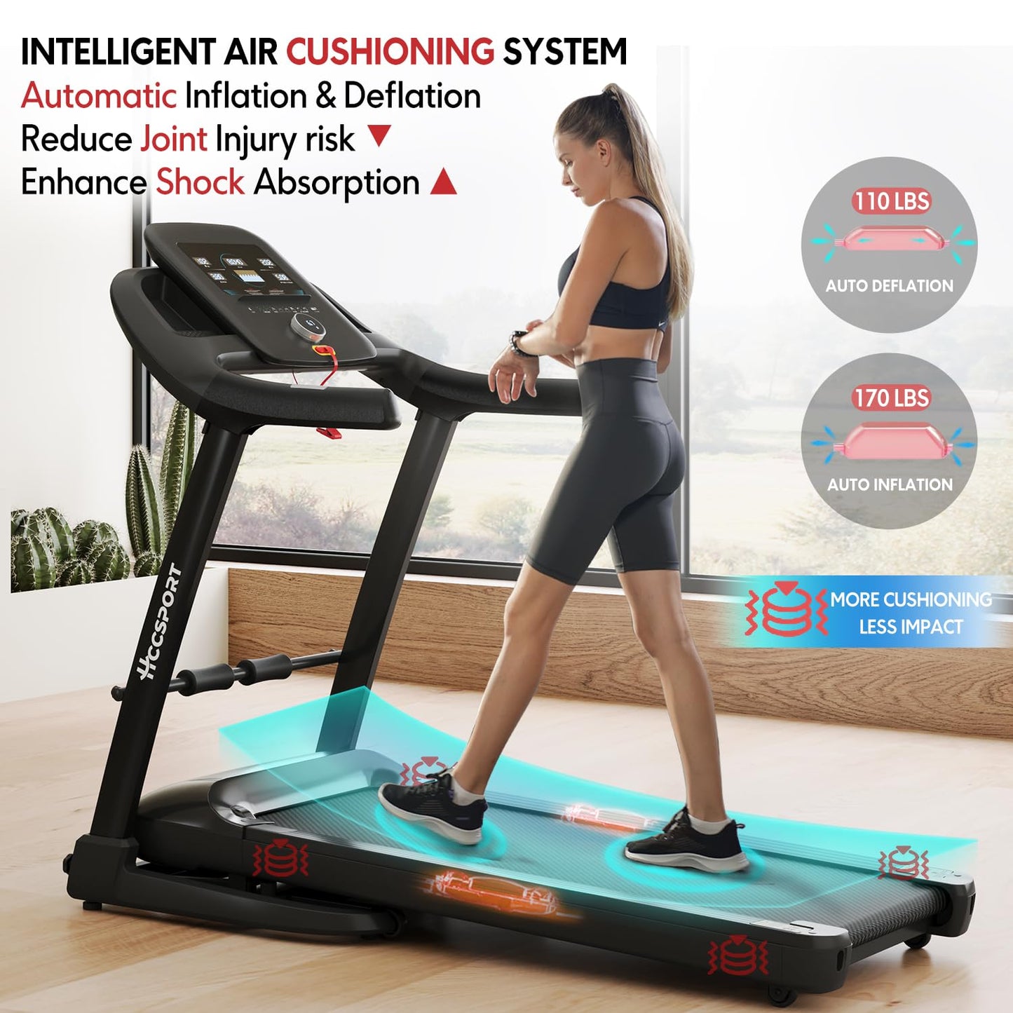 Hccsport Walking Treadmill with 16% Auto Incline, Air Cushioning Shock Absorption 300+ Weight Capacity Foldable Treadmill for Home Office with Pulse Sensors, 10 Mph Speed 18.5'' Wide Belt Quiet Motor