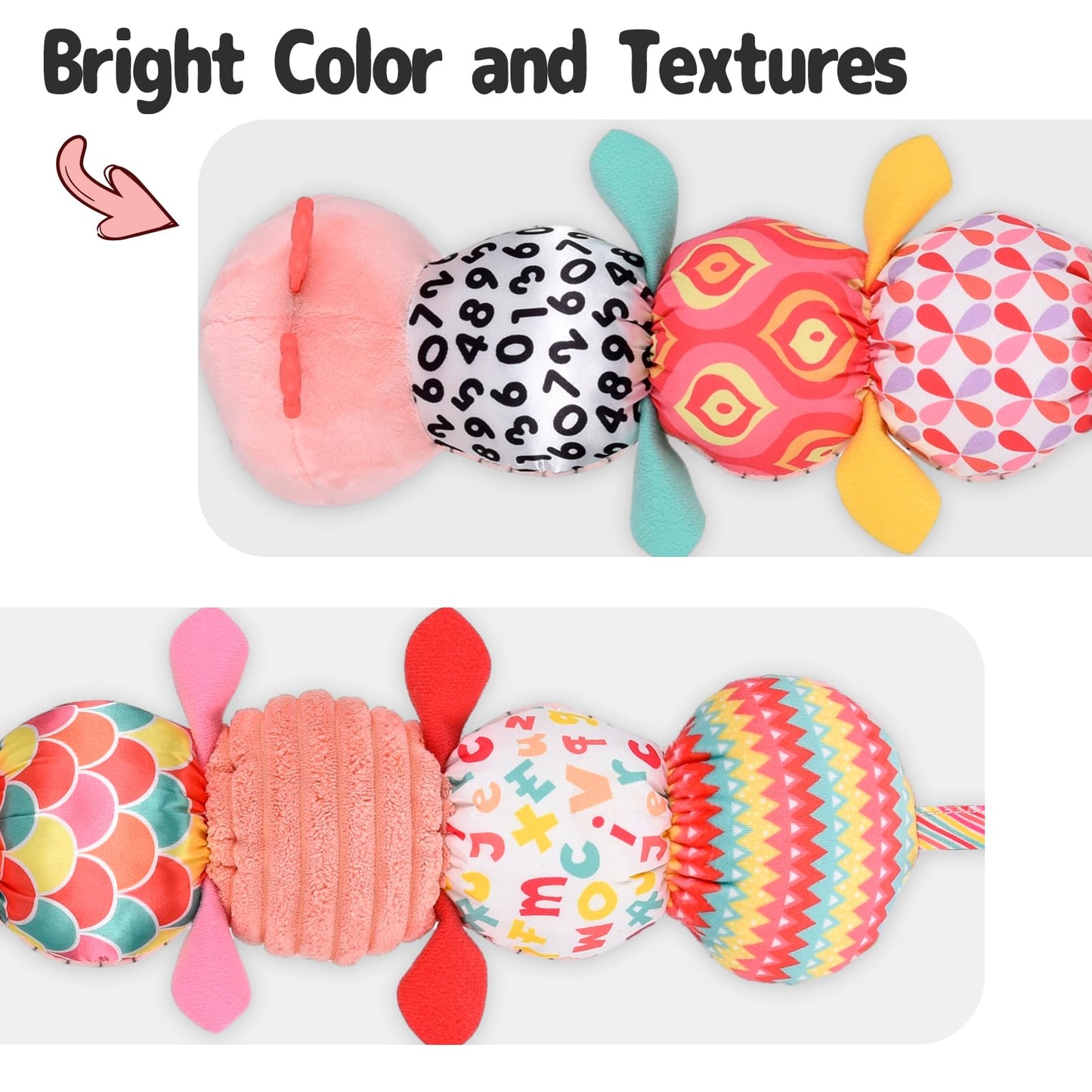 TURKIDS Infant Baby Musical Stuffed Animal Activity Soft Toys with Multi-Sensory Crinkle, Rattle and Textures for 0-3-6-12 Months Developmental Toys, Caterpillar, Pink