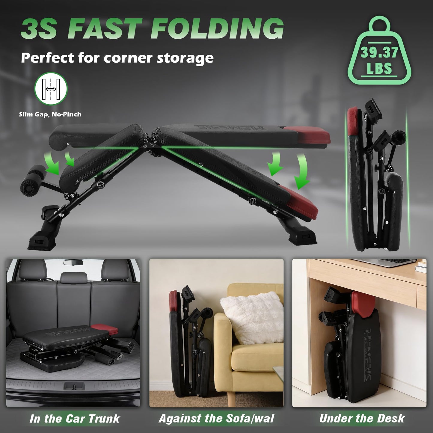 HEMERIS Adjustable Weight Bench 32 In Backrest, Foldable Workout Bench for home gym 660 LBS Incline/Decline Bench Press Exercise Equipment 85°to -30°FID Strength Weight Training(Black)