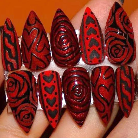 30Pcs Cute Valentine's Press on Nails Dark Red Fake Nail with Black Heart Rose Design Glossy Valentines Press On French Tip Stick on Stripes Full Cover Wine Red Glitter Love Artificial Nails for Women