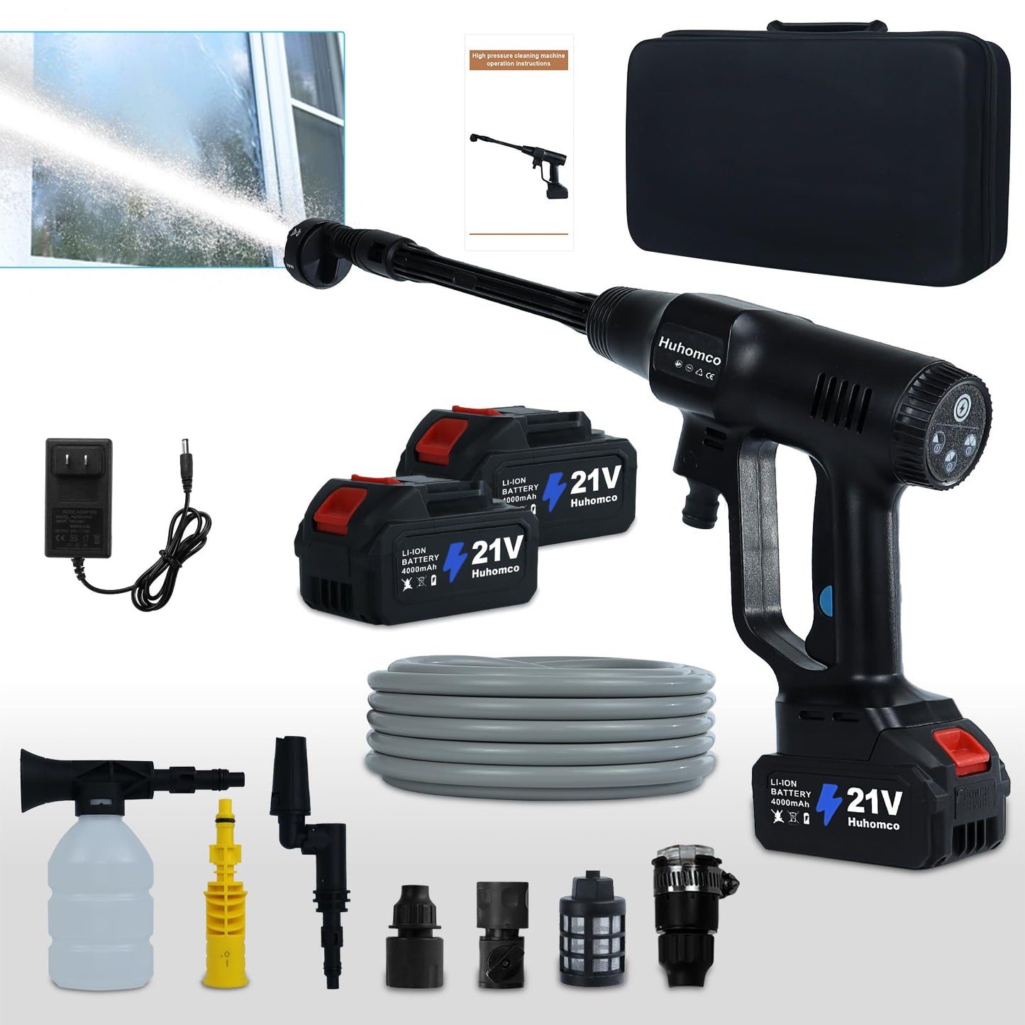 Huhomco Cordless Pressure Washer Battery Powered,1450PSI Cordless Power Washer with 2pcs 4.0Ah Battery&Charger & 6-in-1 Nozzle Portable for Patio Floor Fence Deck Indoor (Black)