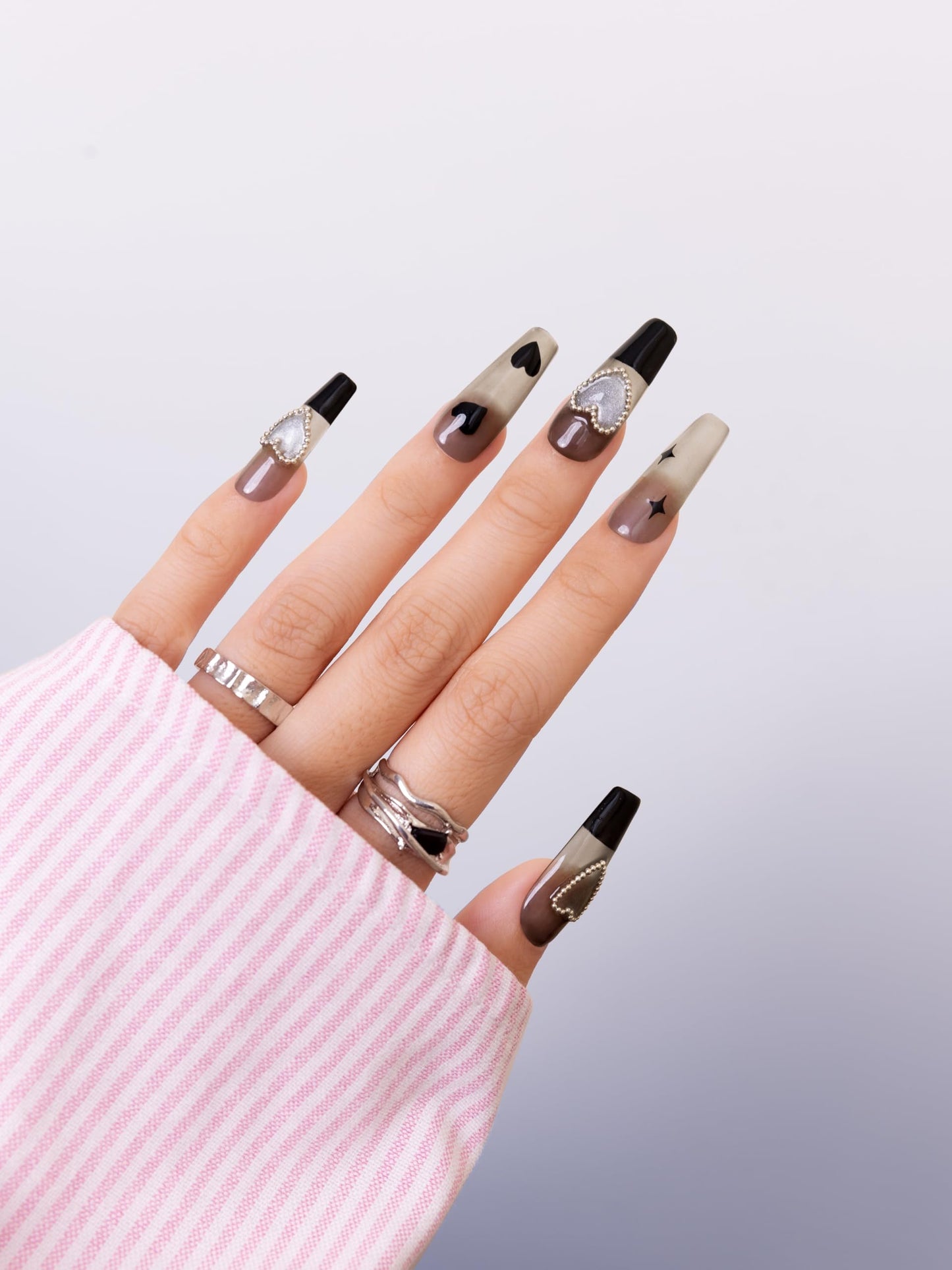 SIYOU Beauty | Starlit Love | Grey and Black Glitter Romantic Long Coffin Press On Nails for Women (Medium) - Reusable, Salon-Quality Fake Nails (10pc)
