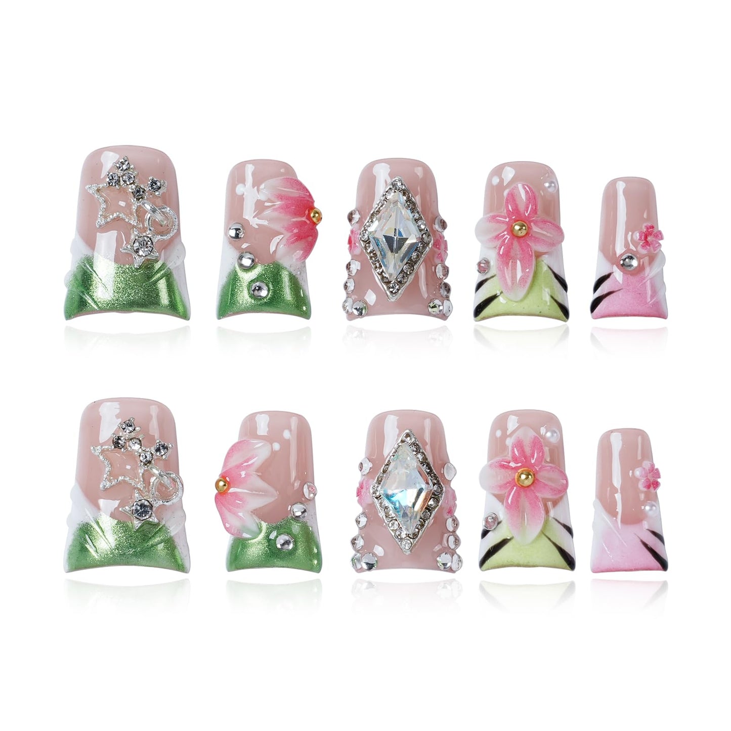 Tesytto Duck Thick Press on Nails Handmade 3D Fake Nails for Nail Art (Emerald Gold Lattice Bloom, M)