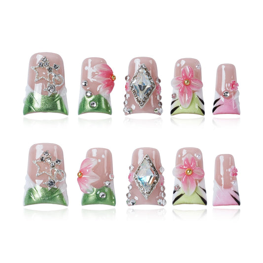 Tesytto Duck Thick Press on Nails Handmade 3D Fake Nails for Nail Art (Emerald Gold Lattice Bloom, M)
