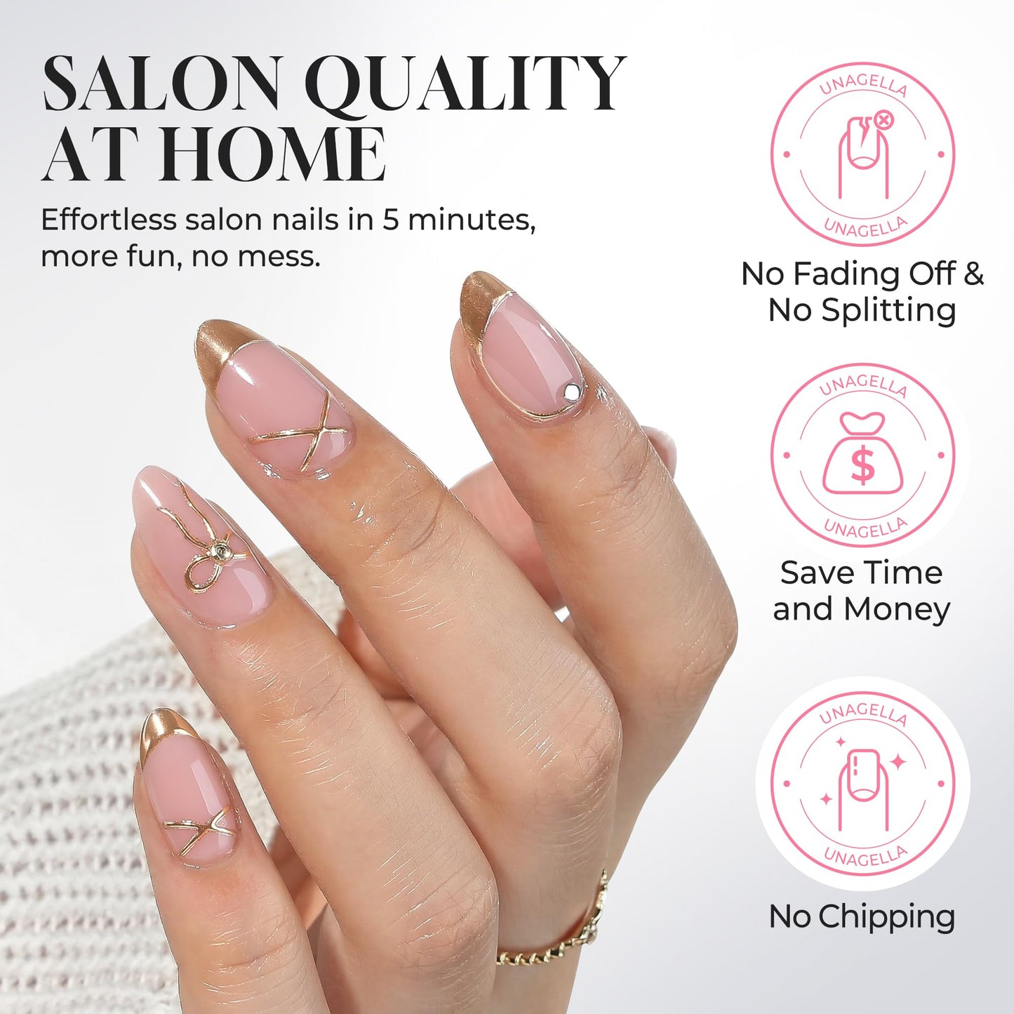 UNA GELLA Press on Nails Almond, 32Pcs 16 Sizes Soft Gel Fake Nails for Women, 3D Chrome Gold Reusable Glue on Nails with Adhesive Tabs, Full Cover False Nails for Daily Wear and Party