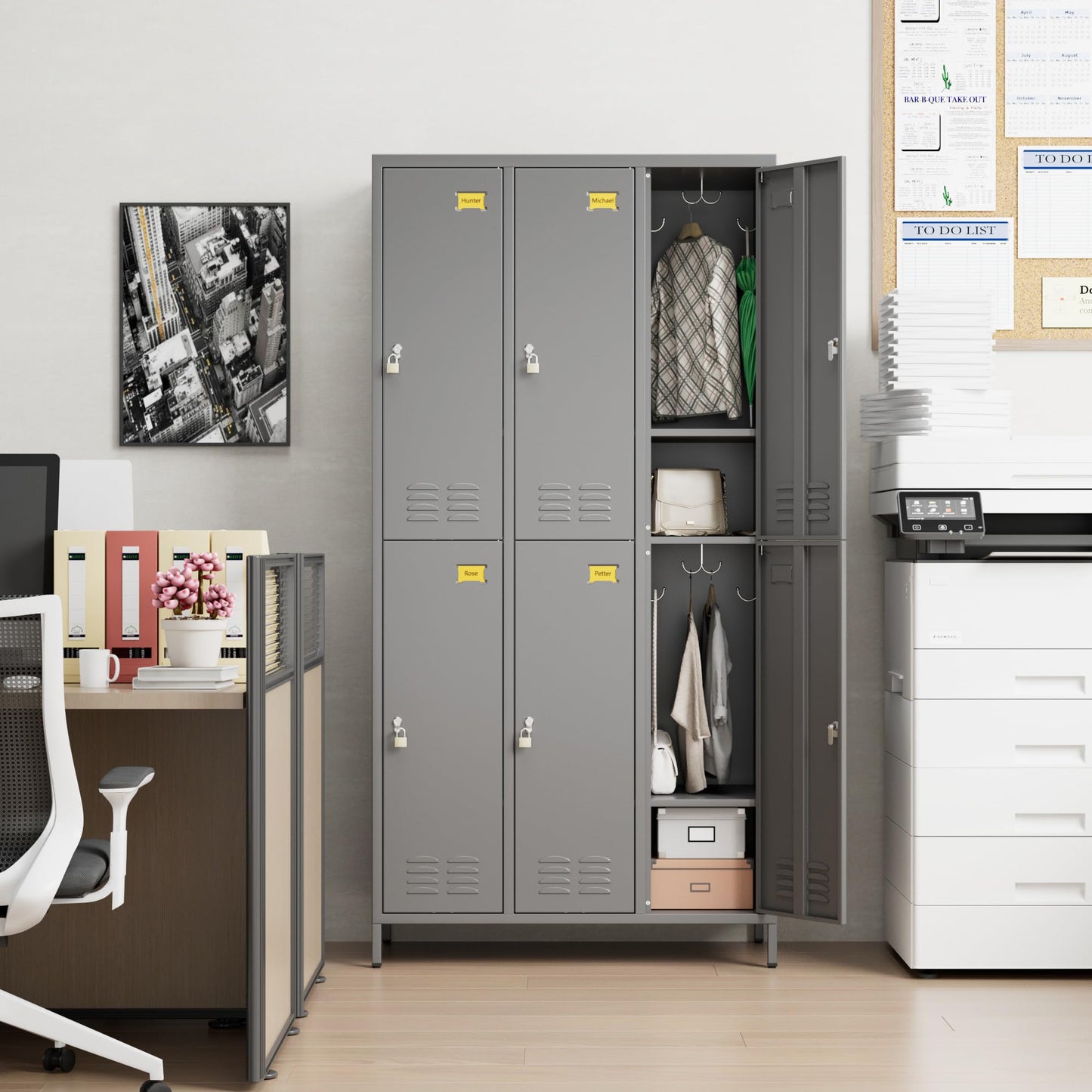 SPKAPO 6 Doors Metal Lockers for Employees with 18 Hooks,Meta Storage Locker with Business Card Holder for School Office Gym Garage Home,Assembly Required,Dark Gray