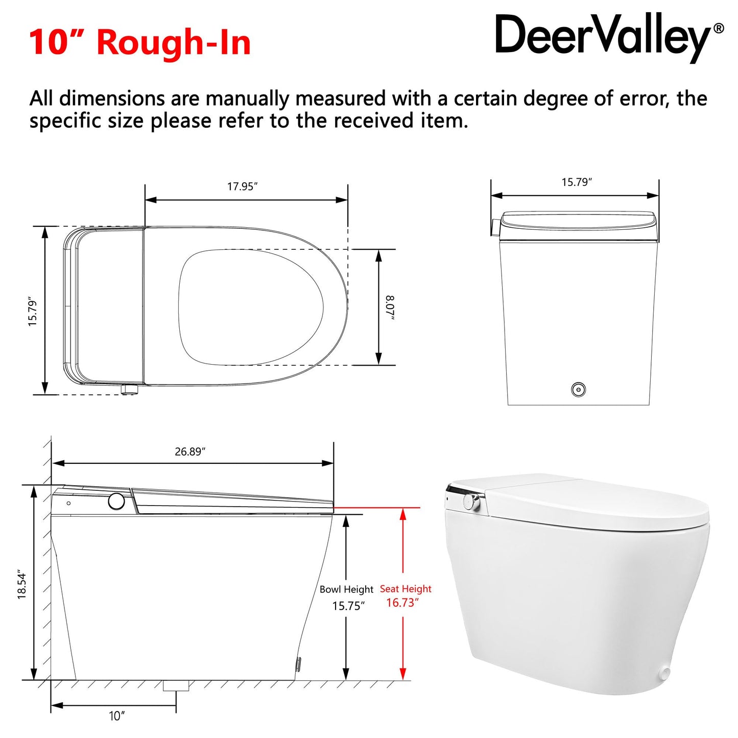 DeerValley Smart Toilet, One Piece Tankless Toilet with Built-in Bidet, 1.28GPF Auto Flush, Foot Kick, Warm Water, Heated Seat, Remote Control, 10" Rough-In Options