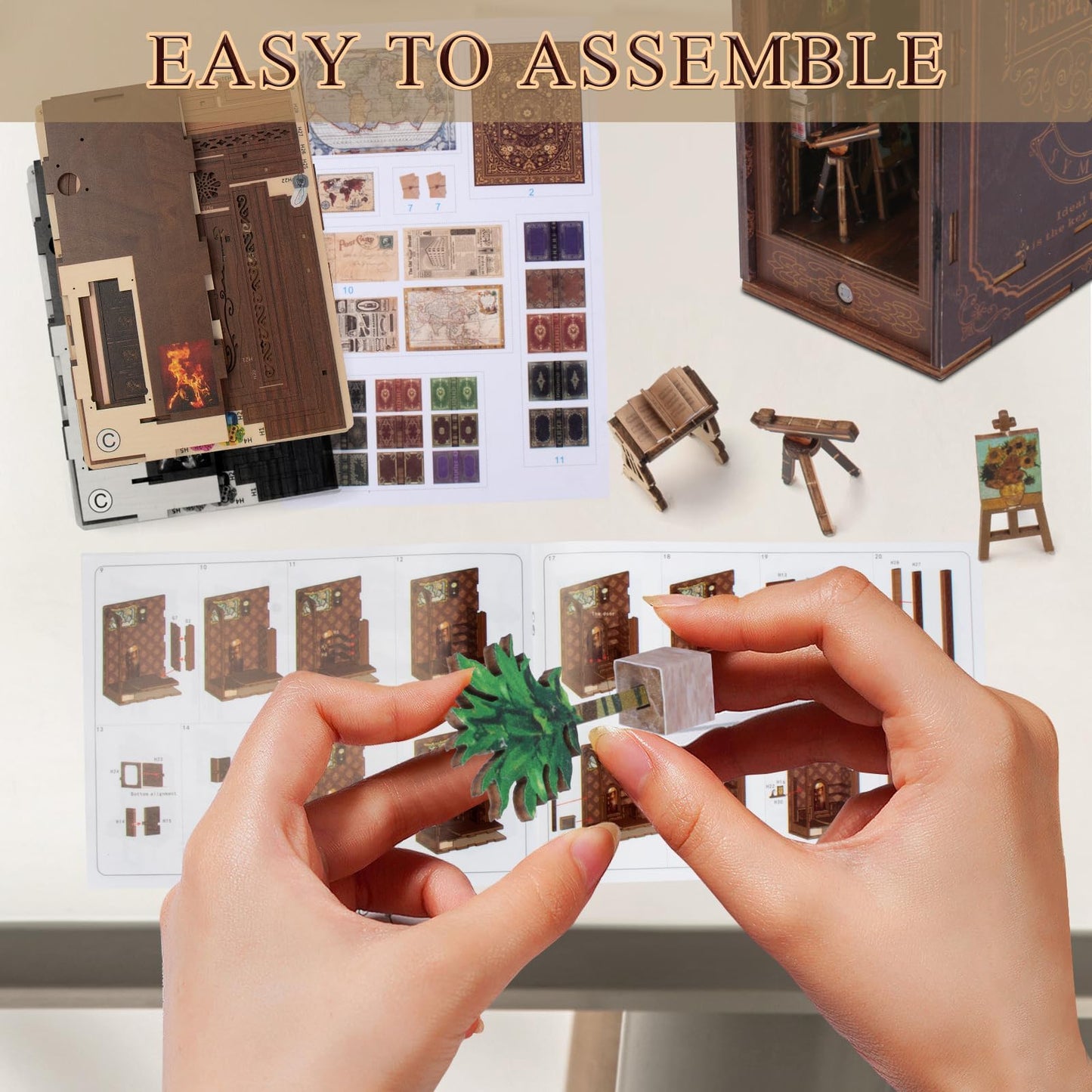 CRIOLPO Book Nook Kit - DIY Doll House Booknook, Book Nook Miniature Kit for Bookshelf Doll Houses for Adults Teen Halloween, 3D Wooden Puzzle Bookends with Sensor Led Light