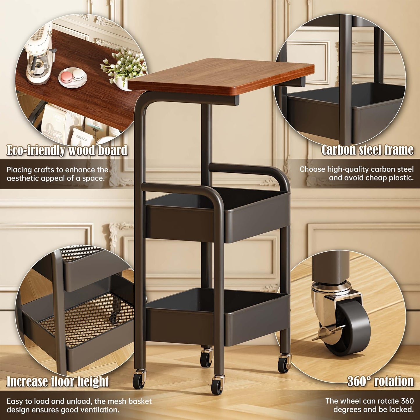 3 Tier Metal Rolling Utility Cart Organizer with Walnut Table Top, Stable and Sturdy Rolling Storage Carts with 2 Lockable Wheels for Kitchen，Bathroom，Snacks，Coffee，Craft，Makeup，Baby Essentials