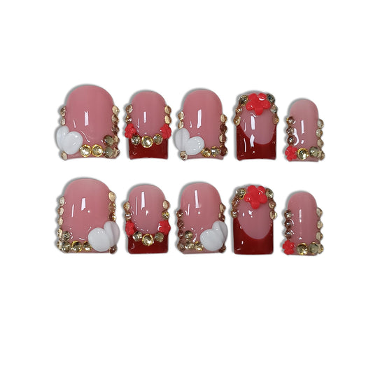 TENPAL Short Squoval Press on Nails - Red French Tip with Rhinestone Edge & Floral | Nude Pink Glossy Fake Nails | Clean Girl Manicure Set(S)