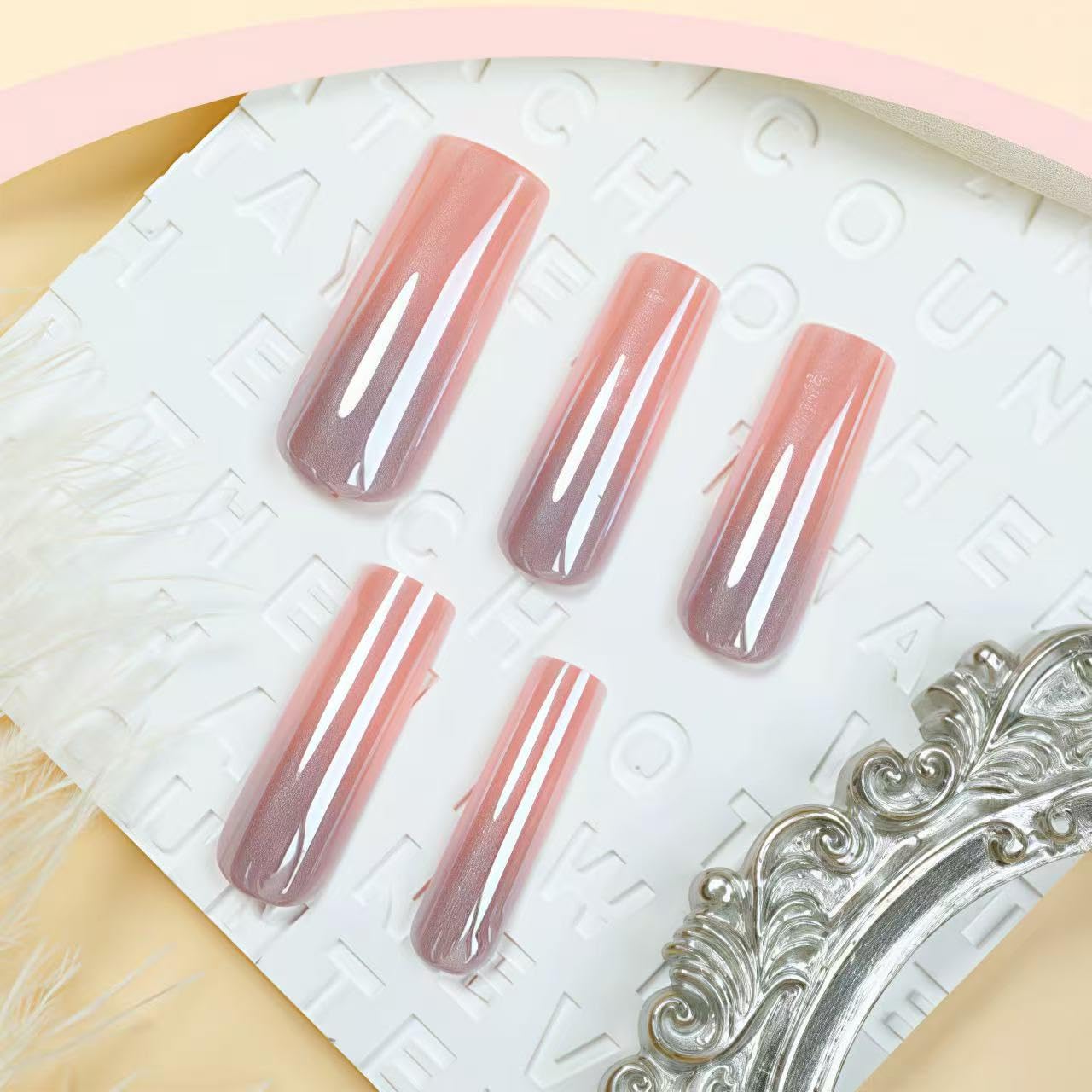 SHIQIXIANNV Pink Electroplated Press on Nails Long Coffin Fake Nails Metallic False Nail Design Full Cover Pink Gradient Chrome Glossy Acrylic Nails for Women and Girls DIY Manicure Decoration 24Pcs