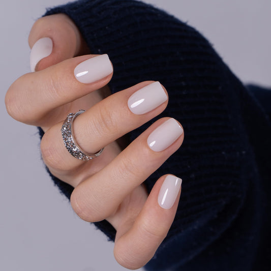 CurvLife Press on Nails Short Square Acrylic Fake Nails with Apricot Design Full Cover False Nails Glossy Nude Glue on Nails Artificial Stick on Nails for Women (Clean Milky Nude)