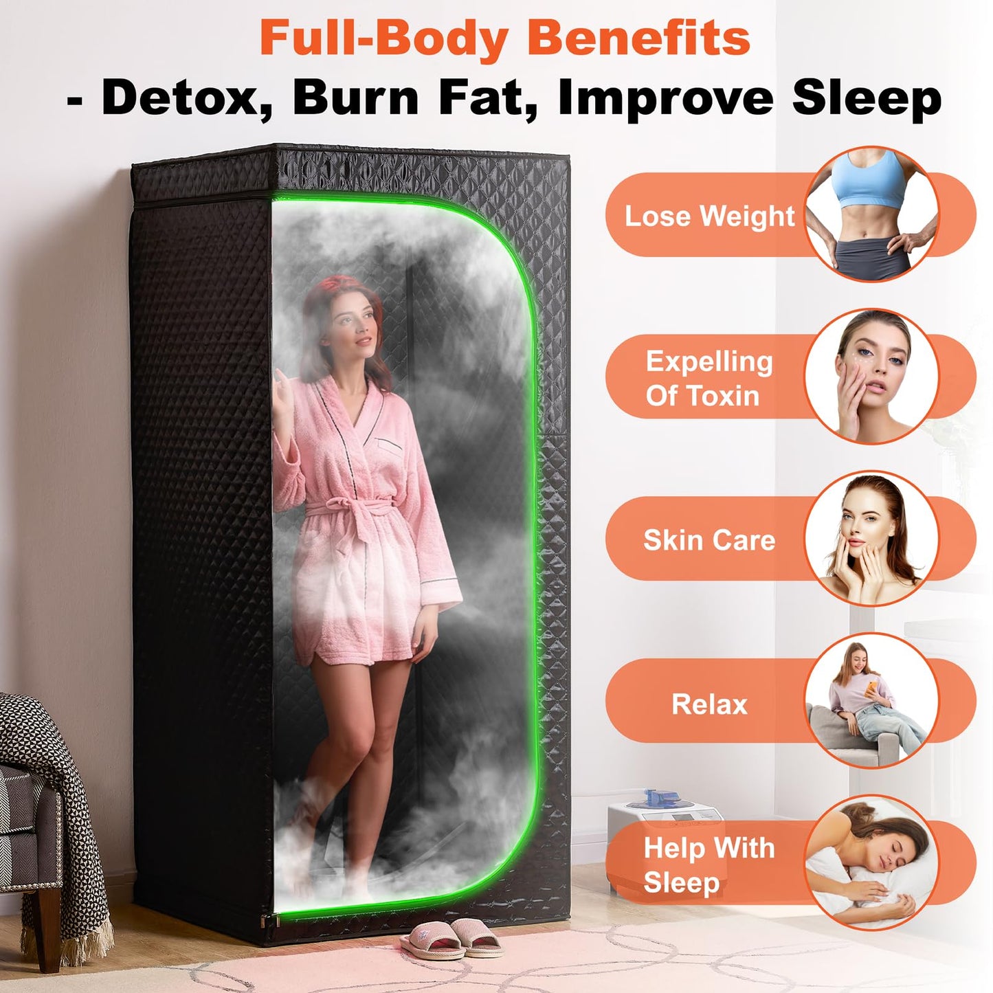 UNANEST Portable Full-Body Steam Sauna Tent for Home – Large Indoor Personal Sauna with 9 Heat Levels, 3L Steamer, Remote, Foldable Chair and Transparent Window (Quadrilateral, Black)