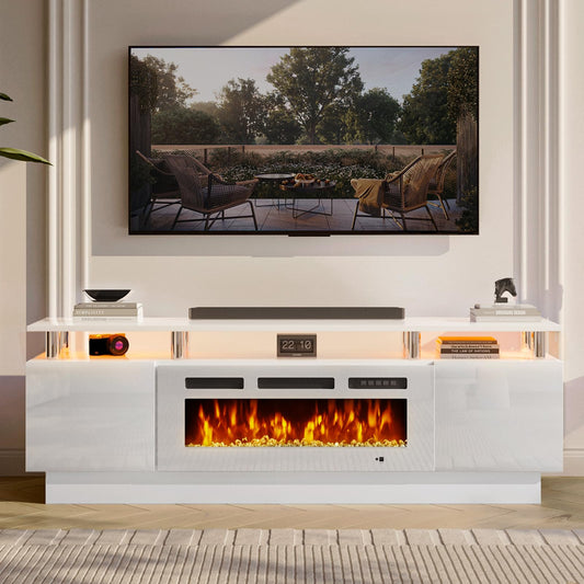 MXV 70" Fireplace TV Stand, Modern Entertainment Center & 36 Inch Electric Fireplace with Remote Control, LED Light, Fire Place Tv Stand for Living Room for TVs up to 80", White + White