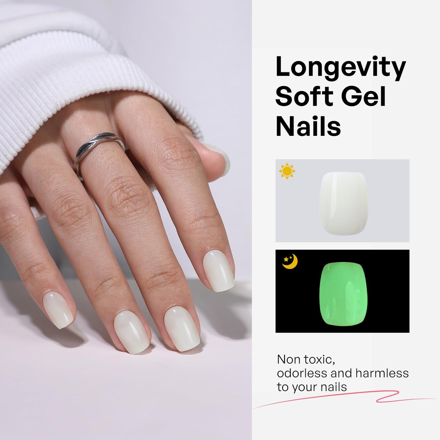 Milky White Press on Nails Short Square - GJZEZ Soft Gel Fun Glow in The Dark Luminous Neon Green Glows Effects Milk White Fake Nails, Natural Reusable Glue On Nail in 16 Sizes - 32PCS, Cloud Dancer