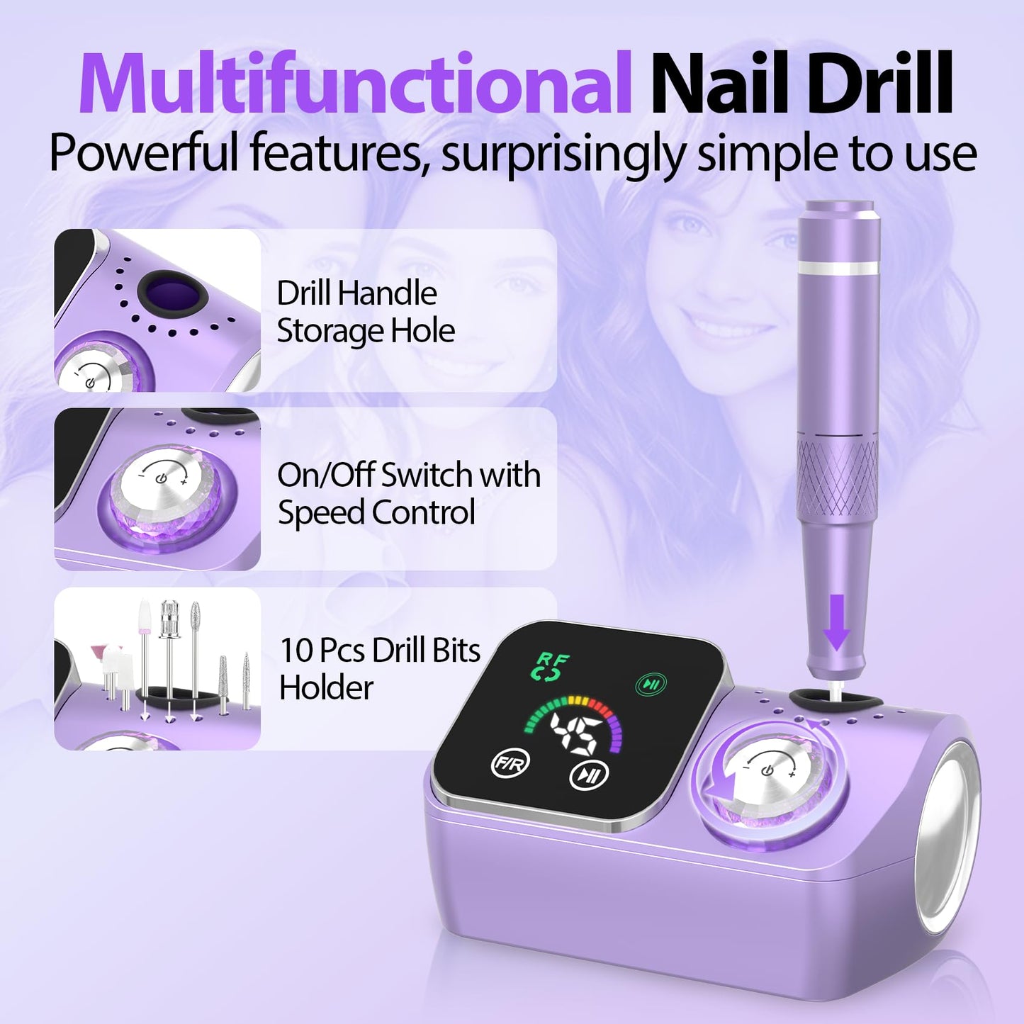 PYVOLA Professional Electric Nail Drill E-File Machine - 45,000 RPM Corded Nail Drills Kit with Low Noise & LED Display for Shaping, Removing & Polishing Acrylic Gel Nails for Salon Home