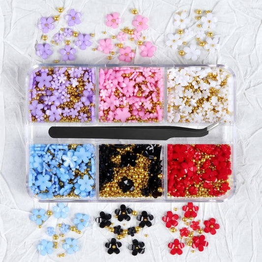 1 Box 6 Color Holographic Flower Nail Glitter Colorful Petal Nail Sequins 3D Red Purple Nail Flakes Sparkly Powder Flakes Shiny Nail Glitter Gold Beads Nail Sequins Glitter for Nails Art 6 Grids