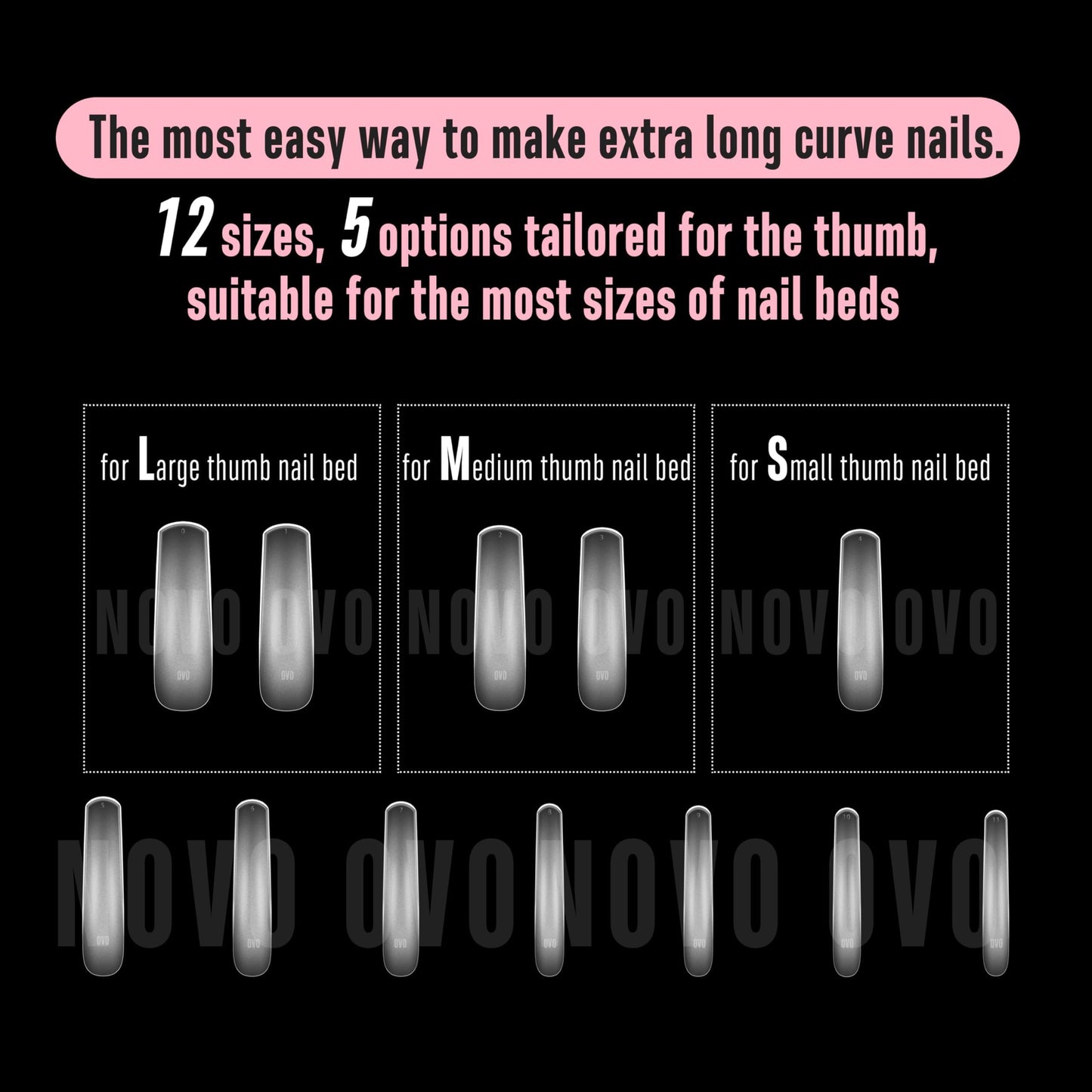 NOVO OVO Halloween XXL Curved Nail Tips Press on Full Cover, Tapered Square Gel x Extra Thick Long XL Acrylic Fake Nails Extension kit, Clear Pre-etched Soft French False Nail 12 Sizes 300pcs