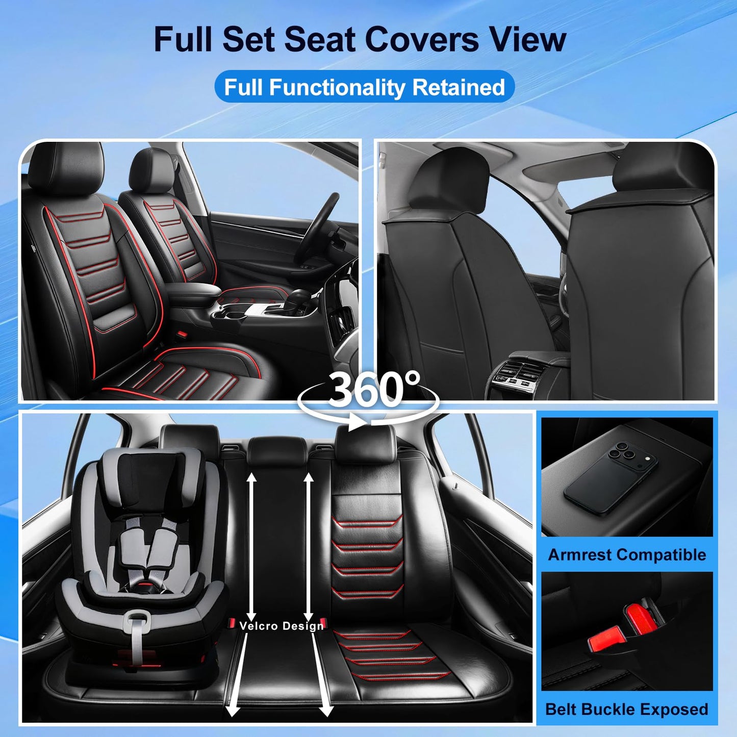 FiveFox Fit Trax Car Seat Covers for Chevrolet/Chevy Trax 2015-2026 - Luxury Full Coverage Leather, Waterproof & All Weather Breathable Seat Cushion Protector, Airbag Compatible, Full Set, Red Trim