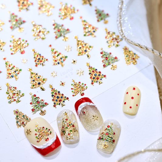 Christmas Nail Art Stickers Xmas Tree Nail Stickers 5D Embossed Self Adhesive Shiny Gold Design Rhinestone Nail Decals for Women Girls Winter Nails Charms Supply Decoration