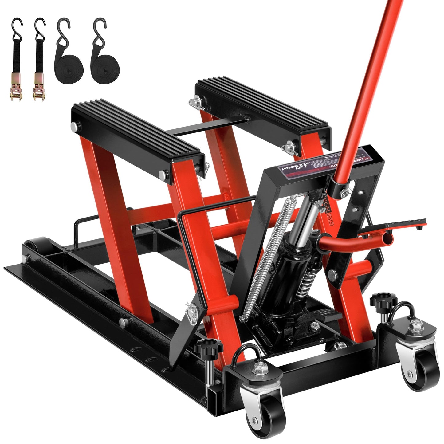 VIVOHOME 1500 LBS Hydraulic Motorcycle Lift Jack, Heavy-Duty Steel ATV Lift Stand with Wheels & Handle, for Motorcycles, Dirt Bikes, ATVs (Red)