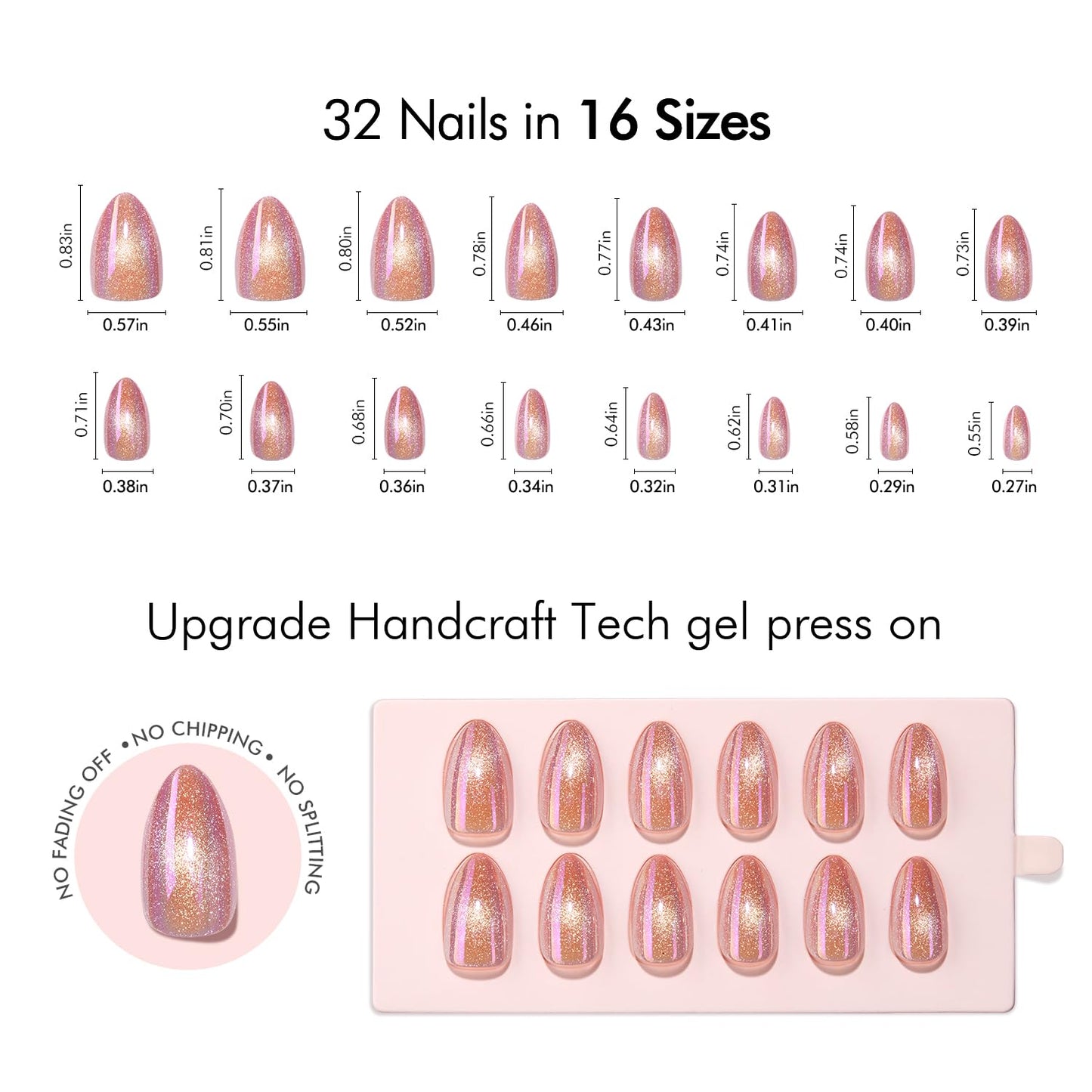 VSALON Press on Nails Short Almond - Pink Cat Eye Pastel Glitter Holographic Spring Fake Nails Kit, Reusable Opaque Gel Chrome Glue on Nails with Glue & Cuticle Oil