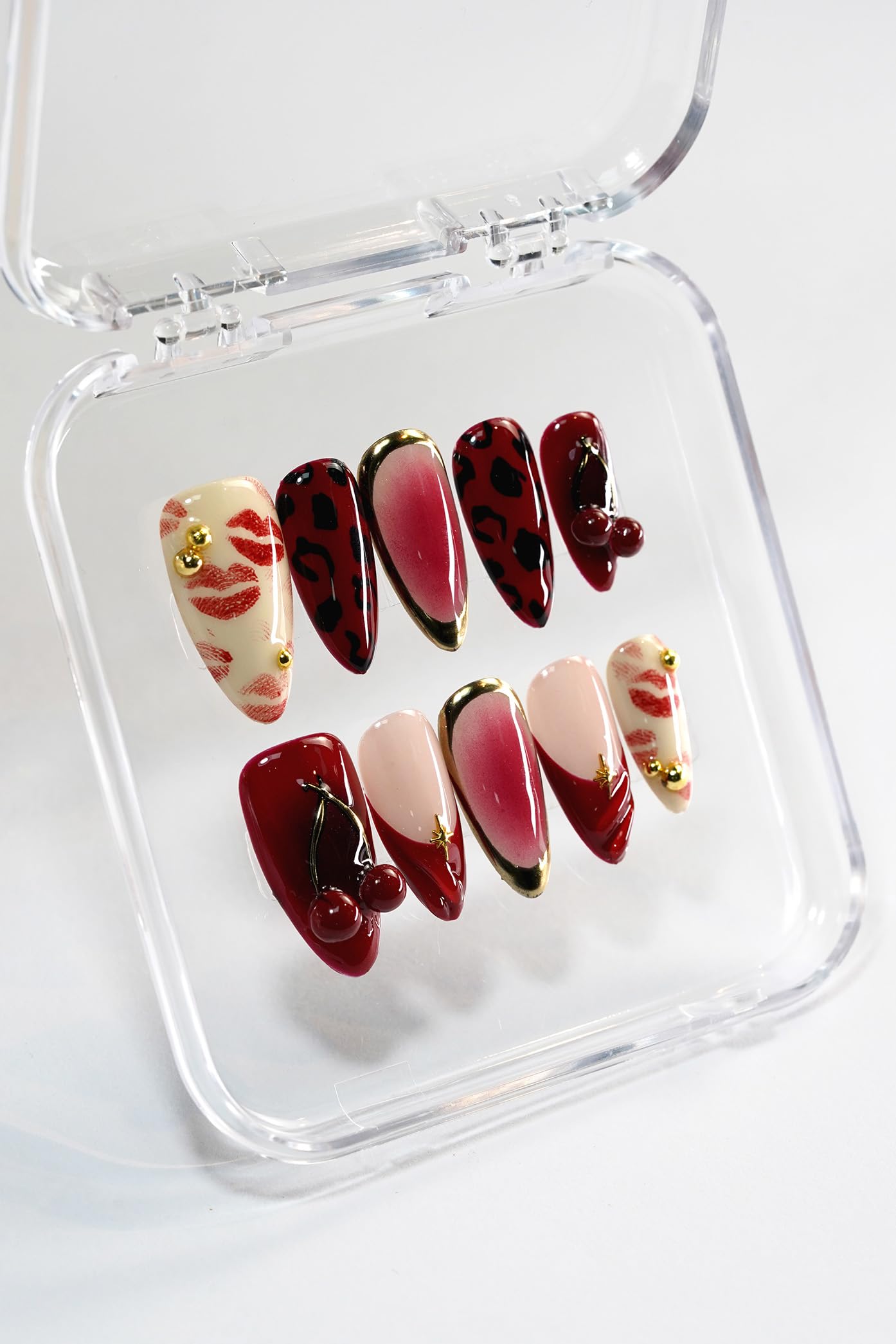 Nelaoco 10PCS Handmade Press On Nails REUSABLE 3D Gel Fake Nails Acrylic Slim Natural Profile Glassy Shine & Detail-Focused Finish (Berry Wild Print Red - M)