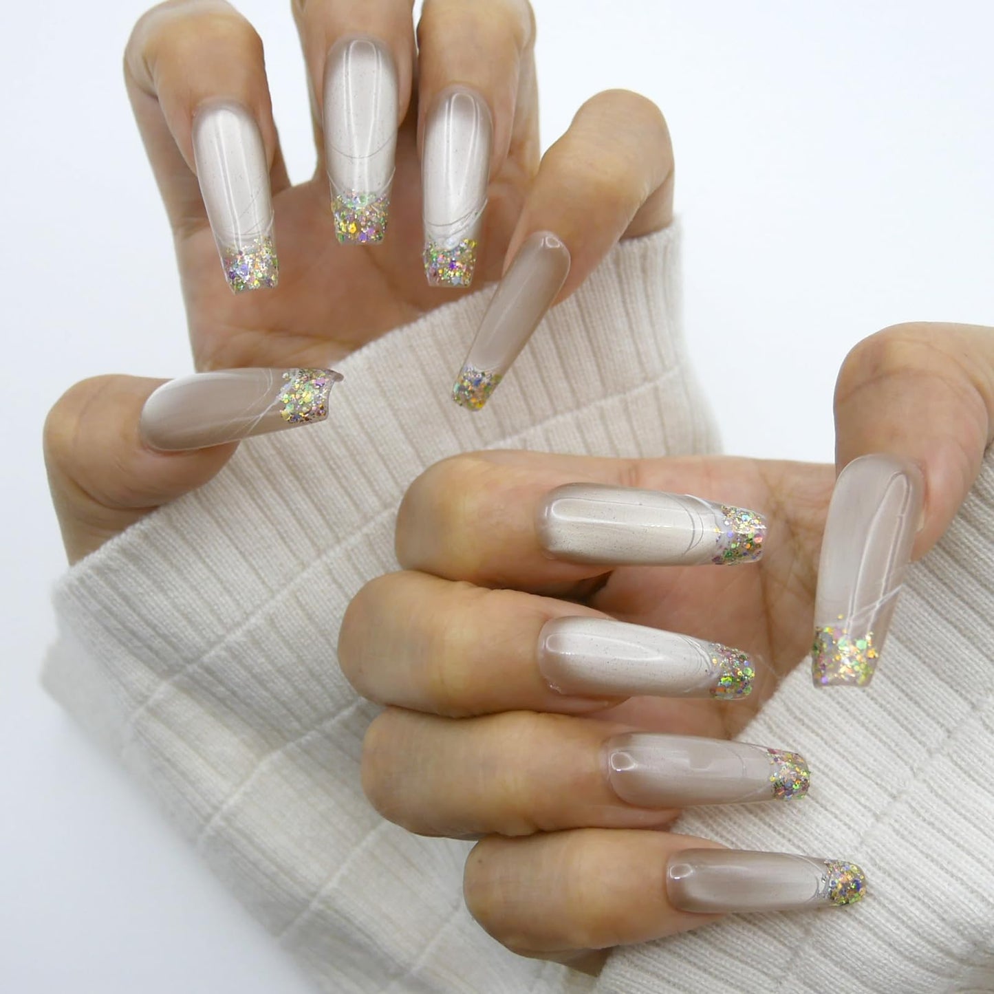 Cat Eye French Tip Press On Nails，Long Stiletto Fake Nails，Glossy Artificial Fake Nail .With Glue Tabs - 10Pcs Nail Kit for Women Girls Elegant & Durable Artificial Nails for Instant Manicure.
