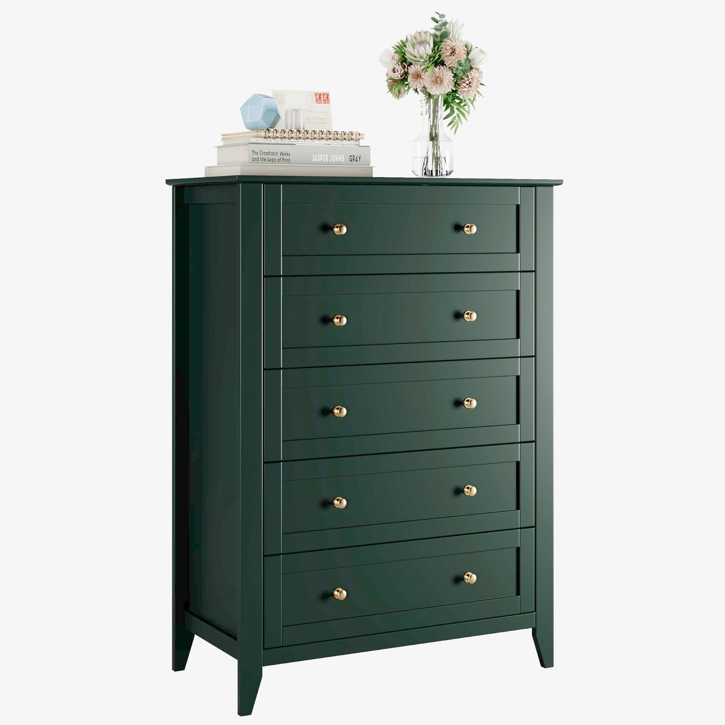 IDEALHOUSE Green 5 Drawer Dresser for Bedroom, Tall Dresser with Deep Drawers & Metal Knobs, Modern Wooden Chests of Drawers for Entryway, Hallway