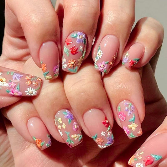Short Press on Nails Flowers Fake Nails Square Glue on Nails Rose & Daisy Acrylic Nails Spring Artificial False Nails Glossy Stick on Cute Nails for Women 24 Pcs
