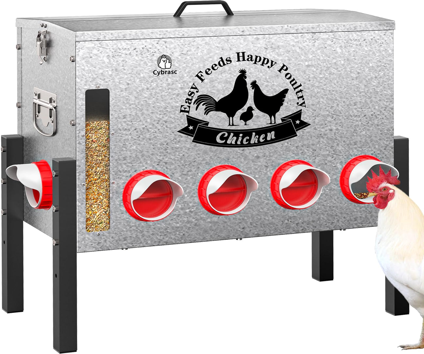Cybrasc 16gal Large Automatic Chicken Feeder - 10 Port No Waste Poultry Feeder, Rust-Proof Alloy Steel with Locking Lid & Adjustable Legs for Chickens, Ducks, Geese, Poultry