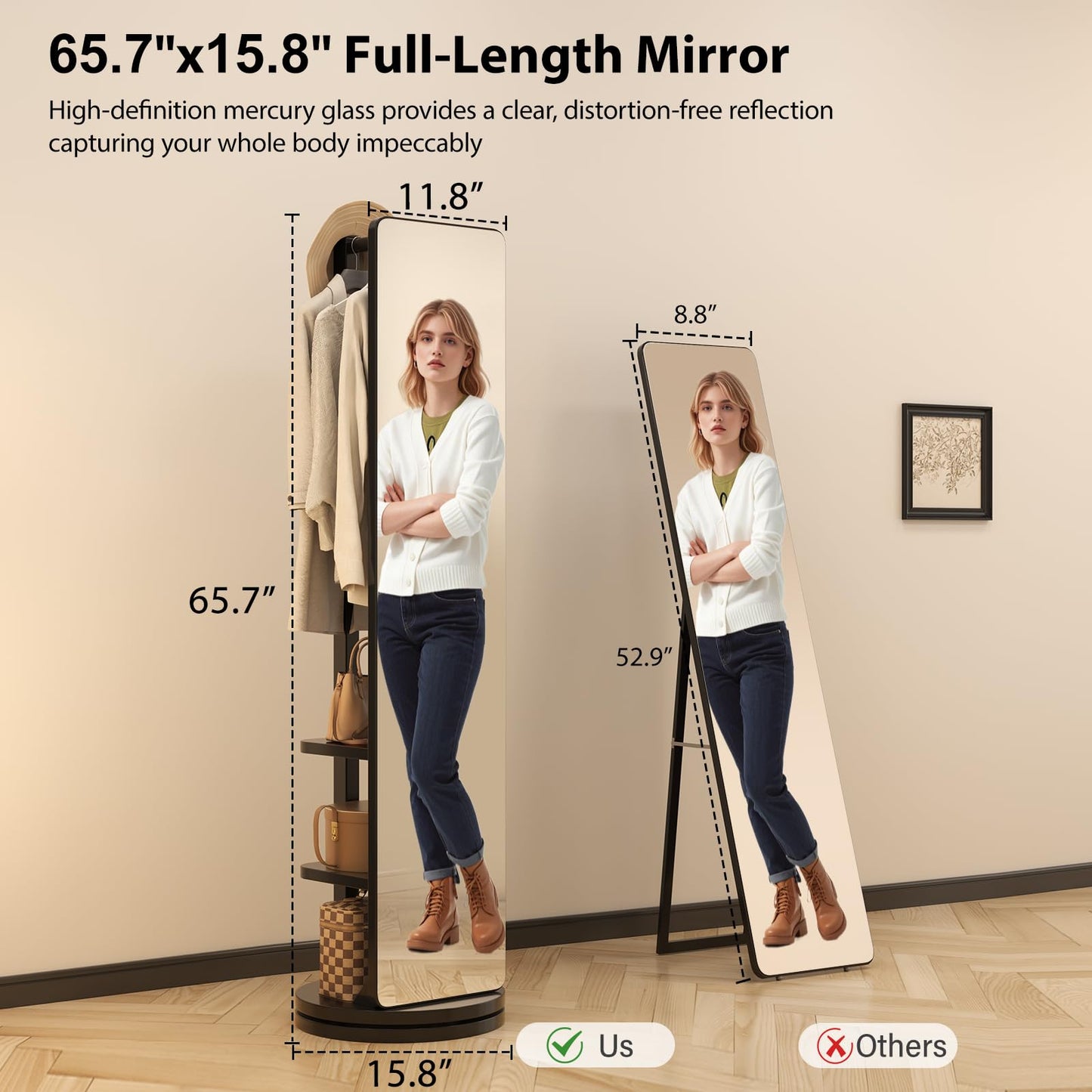 AnywaysWood Full Length Mirror with Stand,Mirror Coat Rack,65.7 ''×15.8 ''Floor Mirror for Bedroom, Living Room, Dressing Room (Black)