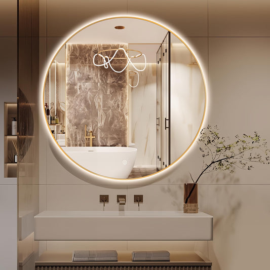 Niccy 44" LED Backlit Round Mirror for Bathroom, Gold Framed Vanity Light Wall Mirror, LED Smart Circle Mirrors with 3 Lighting Colors, Round Lighted Mirror with Anti-Fog, IP65 Waterproof