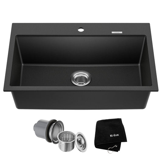 KRAUS Quarza 31-inch Drop-In/Undermount Single Bowl Granite Kitchen Sink in Black Onyx, KGD-412B